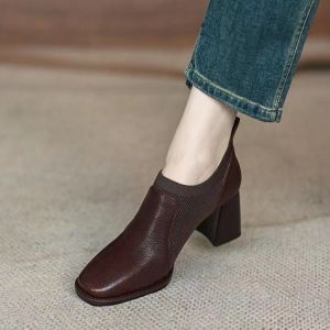 ZAZA British Style Black Leather Shoes High Heel Boots Shoes for Women Square Toe Women Office Shoes High Quality