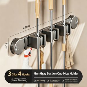 【SG】Aluminum suction cup mop clip no-drill back-door storage rack for bathroom mops and brooms.