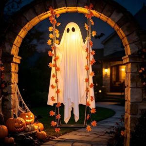 HIROCHAO Cute Hanging Swing Ghost Halloween Decoration Adjustable Large Spooky Ghost Ornament Realistic Funny Maple Leaf Ghost Swing Light for Porch Yard