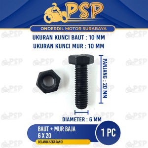 Baut Baja 6x20 (+ Mur) Harga 1 PC - Baud Mor Baja M6 Bibir Topi 6mm Panjang 20 mm Kunci 10 Universal