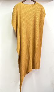 Pleated Design Loose Blouse Womens Classic Mid-Length Irregular Solid Color Round Neck 83043