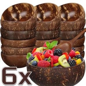 6PCS Wholesale Natural Coconut Bowls For Serving Dishes Salad Oatmeal Yogurt Reusable Wooden Coconut Shell Bowl Kitchen Tableware Set