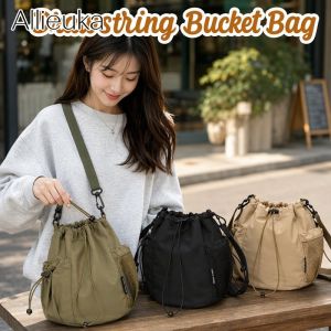 Korean Nylon Drawstring Bucket Crossbody Bag Water Bottle Pocket Adjustable Strap Phone Pocket For Women