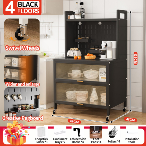 【SG Local Seller】6 Tier Mobile Kitchen Storage Cabinet With Magnetic Rotating Door DIY Pegboard Multifunctional Kitchen Buffet Sideboard Rolling Microwave Shelf Organizer With Lockable Wheels For HDB Home Kitchen