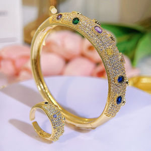 SEQUITO Dubai Style Ladies Wrist Jewelry Set Valuable Full Pave Setting Colorful AAAAA Cubic Zircon Banquet Bangle Ring SJ404