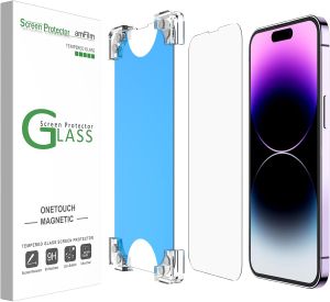 amFilm Magnetic OneTouch for iPhone 14 Pro Screen Protector 6.1 2022    Reusable Eco Friendly 30s Auto-Alignment Tempered Glass Shatterproof HD Clear 2 Pack (14P-6.1)