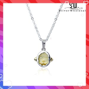 SilverWholesale #PH358 Two Tone Platinum & Gold Plated 925 Silver Chick Egg Pendant – 2 Layer Movable Design with Cubic Zirconia