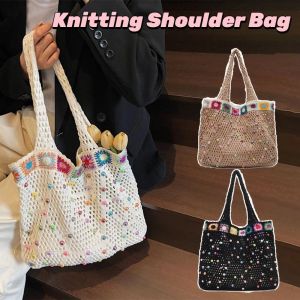 RIVVY Contrast Color Knitting Shoulder Bag Korean Style Large Capacity Casual Woven Handbag Vintage Versatile Crochet Tote Bag Female