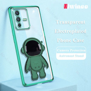 NIWINEE Fashion Green Plating Phone Case For V27 V27e V25 V25e V23 V23e V20 SE V20 Pro 5G VIVO X90 X80 X70 X60 Pro 5G Astronaut Stand Casing Transparent Soft Shockproof Bracket Back Cover