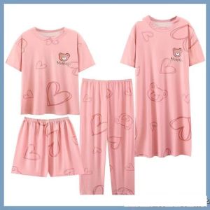 💖Womens Pure Cotton Pajamas 4-Piece Set Summer Womens Pullover Short-Sleeved Cropped Pants Home Clothes Womens Nightgown Set纯棉睡衣四件套