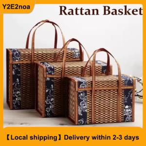 【Local shipping】 Folding Bamboo Woven Fruit Basket Handheld Handle Fruit Shopping Food Basket Picnic Food Storage Basket For Outdoor