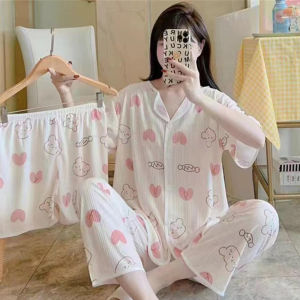 JEOBEST 3 In 1 Pajama Set 【Delivery 2-3 days】Korean Sleepwear Set Comfy Breathable Lounge Wear Cartoon Design Cotton Pajamas