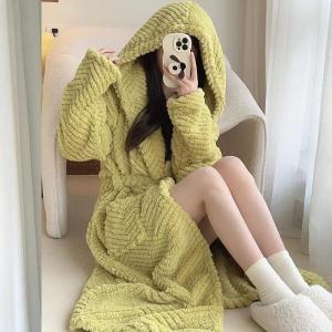 Nightgown Womens Autumn Winter Coral Fleece Robe Nightwear Long Plush Thickened Sweet Bathrobe Warm Flannel Home Wear Sleepwear