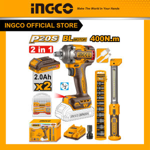 Bộ combo máy siết bulong dùng pin không chổi than INGCO COSLI23048 – lực siết 400Nm kèm đèn pin làm việc 2 pin 20V 2.0Ah sạc nhanh bộ 10 đầu tuýp 10 mũi vít bake đầu chuyển 1/2 sang 1/4 phụ kiện đầy đủ tiện dụng cho sửa chữa xe máy ô tô cơ khí
