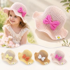 CANICECA Sweet Summer Baby Bucket Hat Big Bowknot Wide Brim Princess Sun Hat Cute Hollow Out Beach Hat Girls 3-8 Years Old