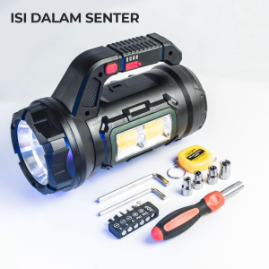 Senter Tangan 18 WATT + COB Super LED Portable Rechargeable Handheld Flashlight USB- C Multifungsi Waterproof 14 in 1 Tool Set Kit Box / Alat Perkakas Lampu LED Emergency SOS Merah Biru Obeng Meteran JKT-DL-119