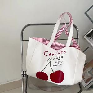 Reversible Design Women Canvas Shoulder Bag Cotton Cloth Purse Handbag Cherry Red Stripes Large Tote Female Eco Shopping Bags2026
