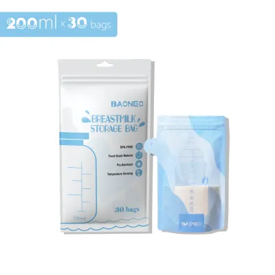 BAONEO 200ml Breastmilk Storage Bags Presterilized Hygienically Doubled-Sealing for Freezing 30bags 6.7oz