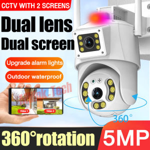 dual lens cctv camera connect cellphone with alarm light outdoor Waterproof Alarm Dual Lens 360 wifi 5mp ptz okam app
