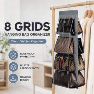 6 8 Grids Hanging Handbag Organizer Dust Proof Purse Storage For Wardrobe Door Home Dorm Space Saving Storage Bag