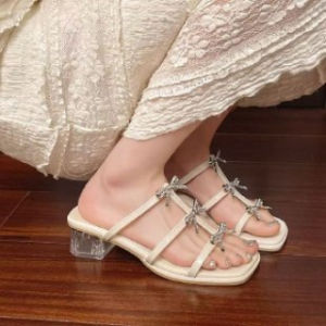 [Free Shipping] WomenS Outdoor Sandals 2026 Summer New Style With Rhinestone Bow And Crystal Mid-Heel Perfect For Pairing With Dresses
