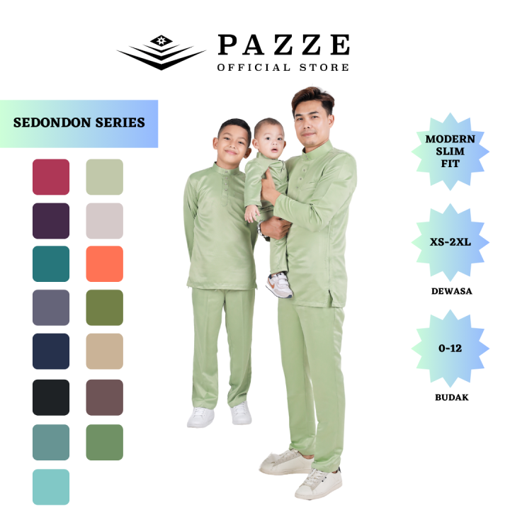 Pazze Baju Melayu Modern Slim Fit Satin Matte Sedondon Series - Maroon Dark Purple Emerald Green Smokey Grey Navy Blue Black Dusty Green Mint Green Sage Green Latte Oren Bata Olive Green Hazel Brown Coffee Forest Green Burgundy