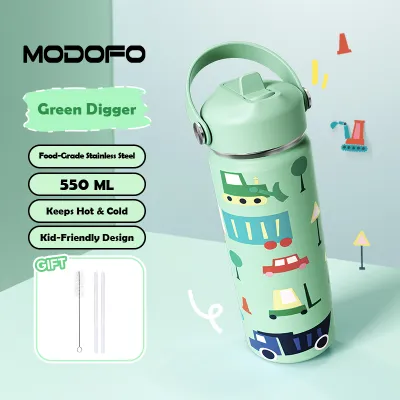 MODOFO Cute Childrens Insulated Straw Cup 550ml Cartoon Straw Cup Insulated Water Cup