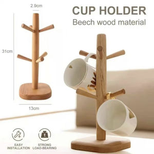 Mug Holder Countertop Mug Tree  Bamboo Mug Rack & Tea Cup Organizer Coffee Counter Bar Accessory & Kitchen Organizer with 6 Hooks Display