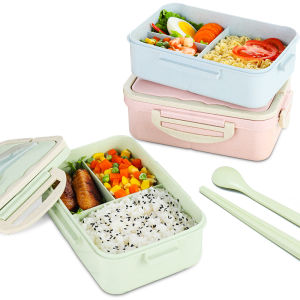 Fypo 1000ml Wheat Straw Material Lunch Box with Spoon Chopsticks Multi-function Lid Microwave Picnic Bento Box Portable Leak Proof Lunchbox for Student Office Worker Kitchen Compartment Food Storage Container Dinnerware