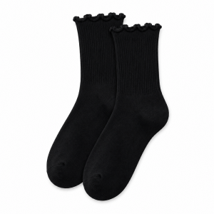 Women’s Ruffle Crew Socks 3-Pack | Soft Breathable Cotton Ribbed Socks Cute Lace Edge Daily Casual Socks (White Beige Black)