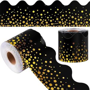 Black Gold Foil Dot Border Trim Wall Sticker 59Feet Bulletin Board Border Trim for Chalkboard Classroom Party Decoration