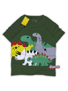 Pakaian anak cowok distro lengan pendek karakter binatang dinosaurus tyrex warna army bahan adem