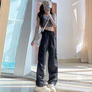 Overalls Female Boyfriend Style Korean Style High Waist Slim Straight Casual American Sports Trousers