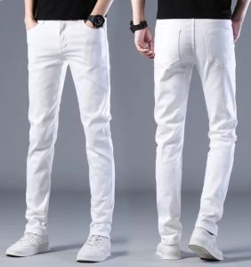 Trendy New White Jeans Men Stretchy Skinny Fit Denim Pants Man Pure Solid Color Casual Trousers