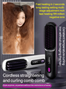 [Fast heating in 2s]Straight Hair Comb Portable Straightening Curling Cordless Negative Ion comb Ceramic Heating Hair Straightener