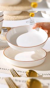 Masely Brown Edged Ceramic Dinnerware Rice Bowl Soup Noodle Bowl Fruit Salad Plate for Daily Home Use 1Pc