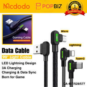 MCDODO [CA-467/528/577] 90 DEGREE DATA CABLE | SUITABLE FOR GAMING with LED DESIGN | TYPE-C & iP & MICRO
