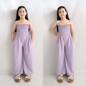 D&C-Crepe Fabric Fashion Casual Kids Two Pockets Smocking Jumpsuit Overall For Girls(5-8y/o)