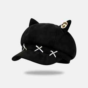 HULEQQI Embroidery Cat Ears Beret Bow Y2K Newsboy Hat Casual Cute Suede Octagonal Hat Women