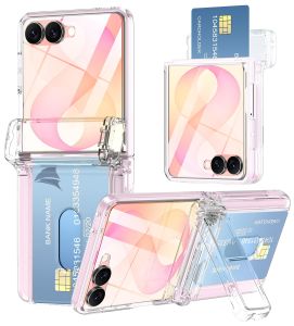 Cho Samsung Galaxy Z lật 8 trường hợp Z lật 7 6 5 với đồ đựng thẻ & được xây dựng trong miếng bảo vệ màn hình bản lề bảo vệ ẩn chân đế chống sốc cứng chắc chắn PC Wallet điện thoại bảo vệ Bìa