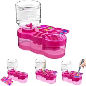 HLINKEY 4 In 1 Paint Brush Cleaner Water Dispenser Portable Art Washing Station With Palette And Pen Holder For Watercolor Acrylic Painting Supplies Pink Blue Rose Red 21.5cm Height