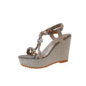 Free Shipping Bohemian Sandals For Women Summer Korean Style New Wedge Heel Thick-Soled Rhinestone Embellished Open-Toe Sandals Available In Plus Sizes