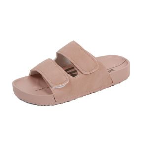 YOTO Comfortable Flat Sandals For Women Leather 3cm Platform Velcro Double Strap Casual Slippers