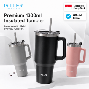 DILLER 1300ml Insulated Tumbler with Handle & Straw | Hot & Cold Stainless Steel Travel Mug | SUS304 | 2-Way Drink Cup