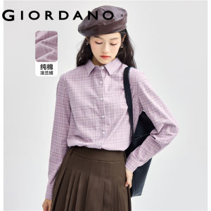 GIORDANO Women Shirts 100% Cotton Flannel Long Sleeve Casual Shirts Classic Collar Solid Color Plaid Simple Shirts 13342808