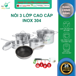 Bộ nồi chảo chống dính sâu lòng tổ ong 3 lớp đáy liền inox 304 cao cấp Fivestar Plus 5 món quai oval nắp kính