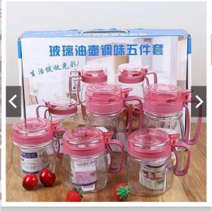 Bộ 5 Hũ Gia Vị Thuỷ Tinh Quai Hồng Nắp Đậy Thông Minh Kèm Thìa Làm Quà Tặng