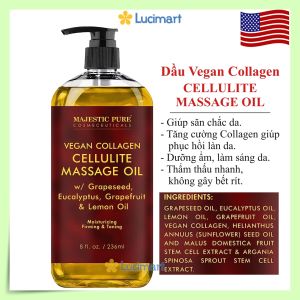 Dầu dưỡng da Vegan Collagen Cellulite Massage Oil Majestic Pure thuần chay 236ml [Hàng Mỹ]