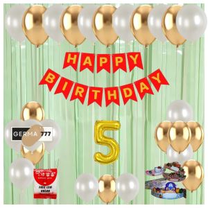 Paket Set Dekorasi Dinding Pesta Ulang Tahun Anak Balon Gold Putih Banner Happy Birthday Merah