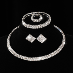 4Pcs Bridal Jewelry Set Necklace Bracelets Ring Earrings Set Super Gorgeous Diamond Luxury Shiny